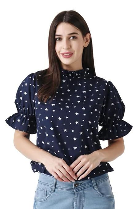 High Neck White Stars Printed Crepe Light Weight Blue Top With Baloon Sleeves