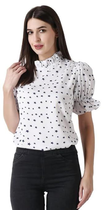 High Neck Blue Stars Printed Crepe Light Weight White Top With Baloon Sleeves