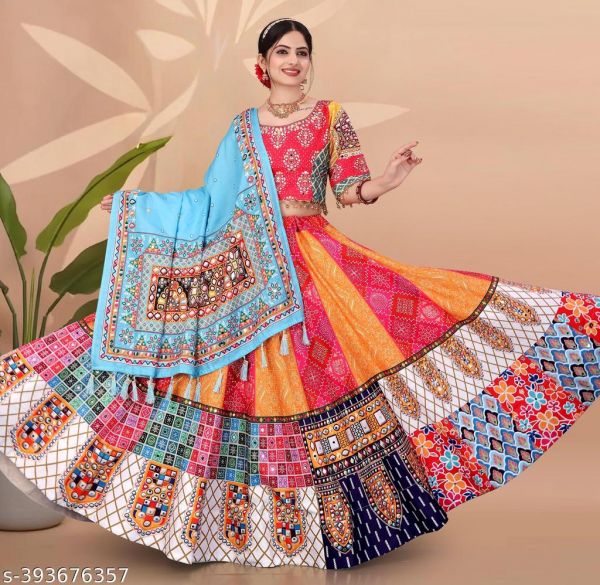 Latest 2025 Multicolor Full Flair Semi Stitched Digital Print Mirror Work Navratri Garba Lehenga Choli For Women And Girls