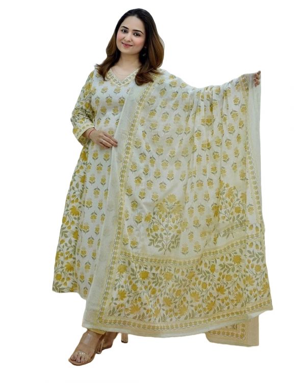 Lemon Yellow Floral Print Cotton Afghani Suit With Bottom And Dupatta