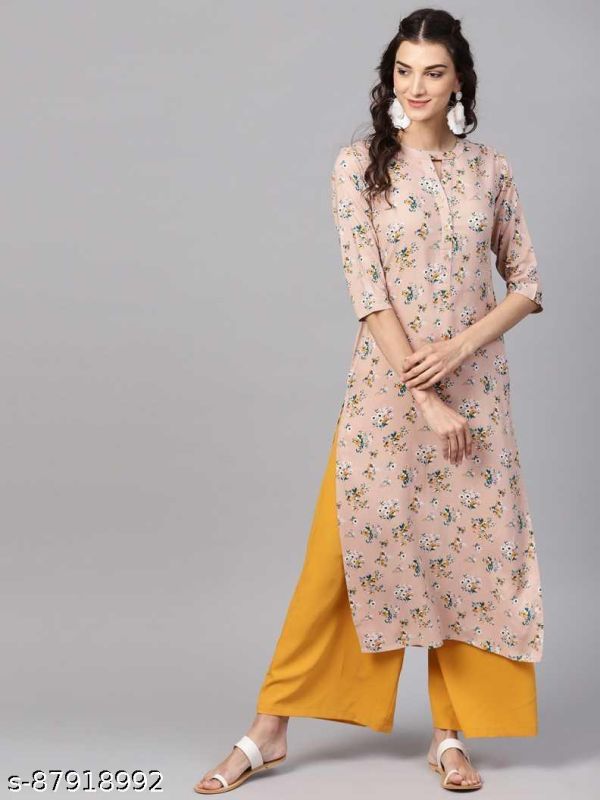 Light Peach Floral Printed Kurta With Yellow Palazzo Set