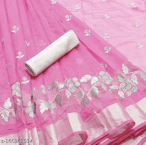 Light Pink Traditional Bollywood Chanderi Floral Embroidered Saree With Solid Poly Silk Blouse Piece