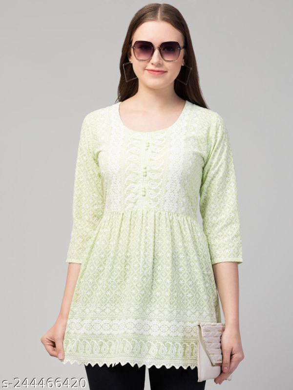 Light Pista Green Chikankari Cotton Fancy Top