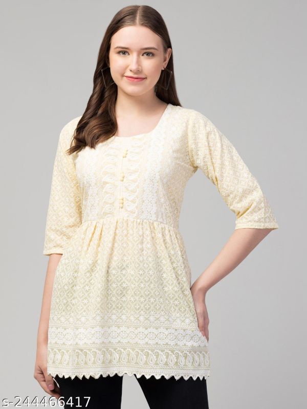 Light Yellow Chikankari Cotton Fancy Top