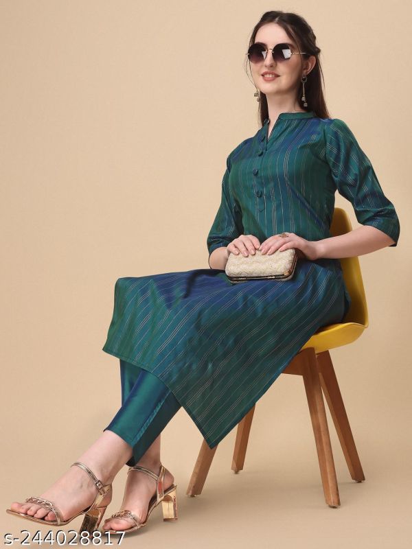 Linings Art Silk Green Kurta Pants Set