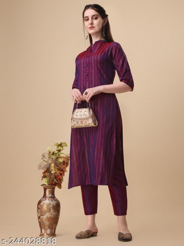 Linings Art Silk Purple Kurta Pants Set