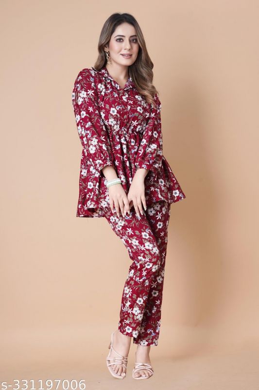 Maroon Crepe Short Floral Printed Kurti Pants 2 Pc Co-ord Set