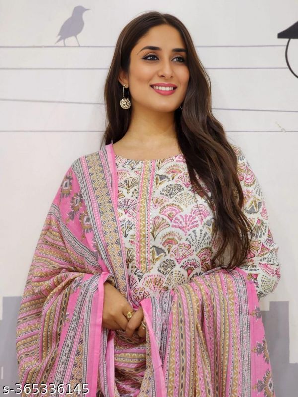 Most Demand Jaipuri Cotton Print Kurti Pent With Dupatta Set