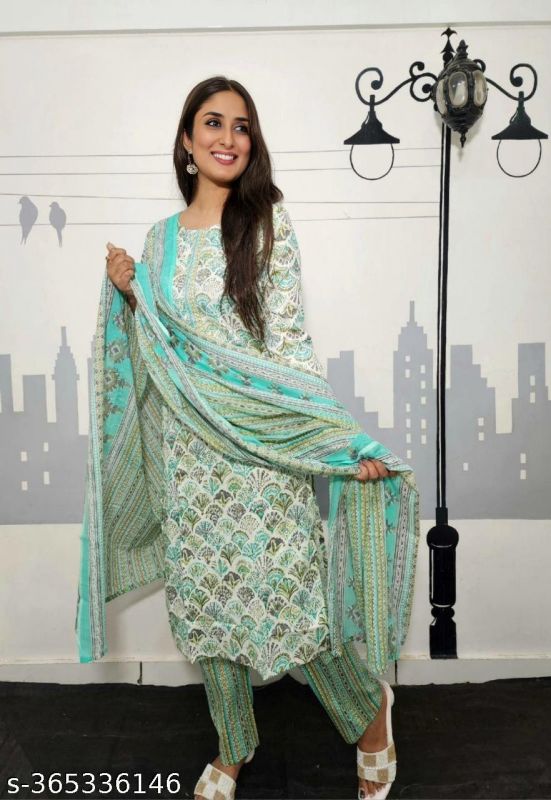 Most Demand Jaipuri Cotton Print Kurti Pent With Dupatta Set