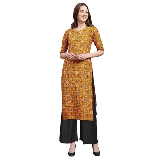 Mustard Yellow Multicolor Digital Printed Crepe Kurti