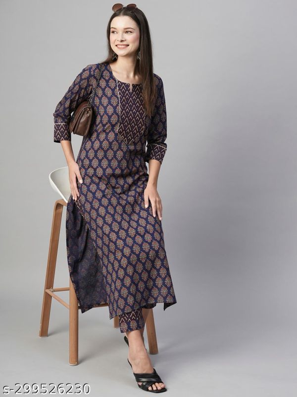 Navy Blue Straight Printed Kurta with Trouser Pants