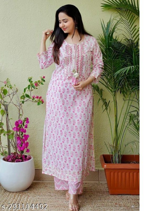 Neck Drawstring Rayon Pink White Printed Kurta Pants Set