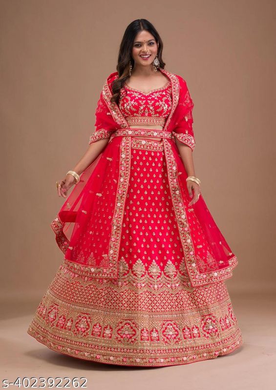 New Arrival Trendy Tometo Red Satin Heavy Glamorous Wedding Wear Sequence Silk Blend Lehenga Choli