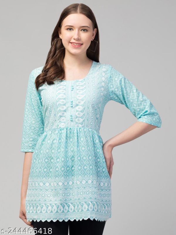 Ocean Blue Chikankari Cotton Fancy Top