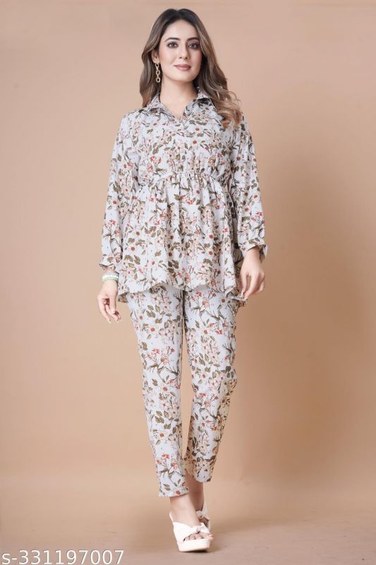 Off White Crepe Short Floral Printed Kurti Pants 2 Pc Co-ord Set