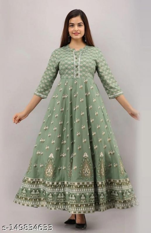 Olive Green Floral Print Stylish Rayon Anarkali Kurti