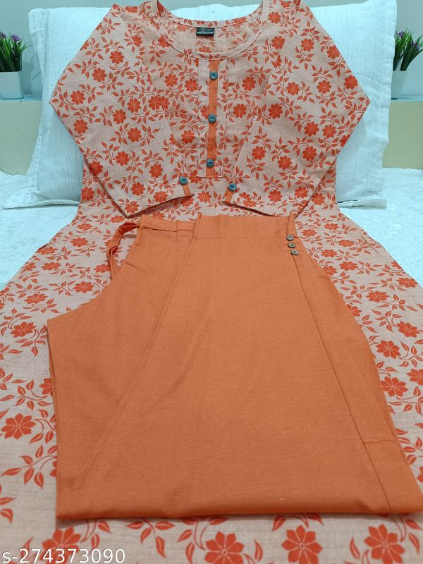 Orange Khadi Cotton Button Style Floral Printed Kurta With Pants