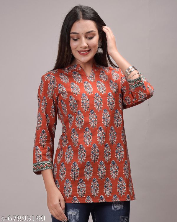 Orange Printed Cotton Basic Top