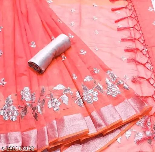 Orange Traditional Bollywood Chanderi Floral Embroidered Saree With Solid Poly Silk Blouse Piece