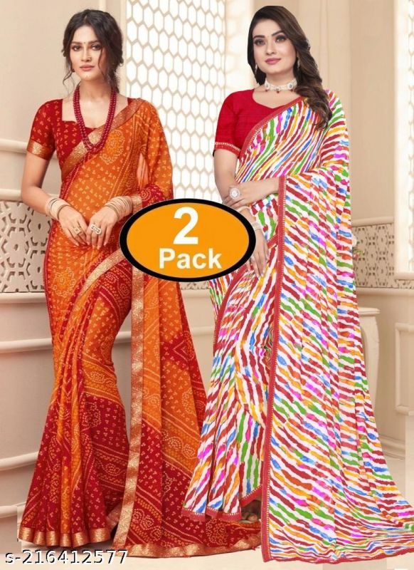 Pack Of 2 Printed Saree With Lace Border With Running Unstitched Blouse Piece