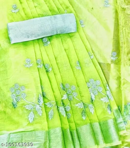 Parrot Green Traditional Bollywood Chanderi Floral Embroidered Saree With Solid Poly Silk Blouse Piece