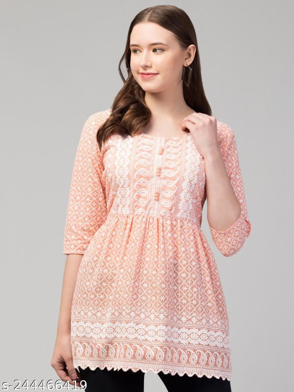 Peach Chikankari Cotton Fancy Top