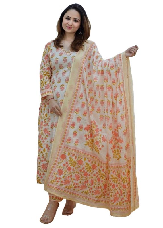 Peach Floral Print Cotton Afghani Suit With Bottom And Dupatta