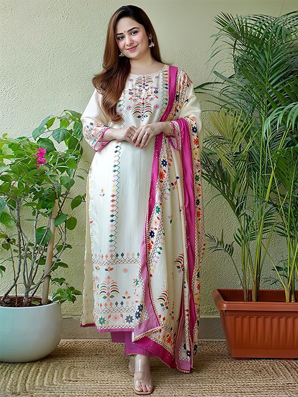 Pink Floral Print Real Mirror Work Jaipuri Muslin Suit With Bottom And Dupatta