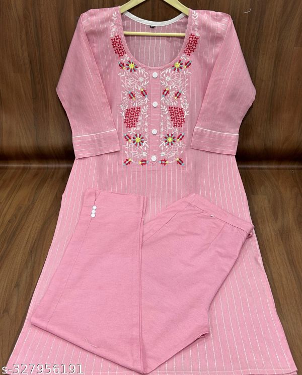 Pink Women Embroidery Cotton Kurti Pant Set