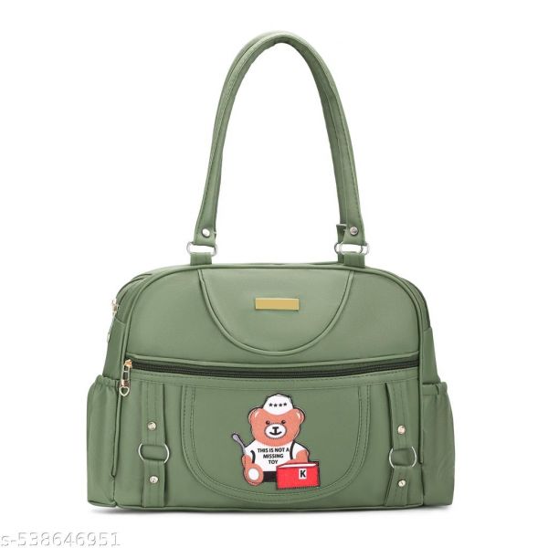 Pista Green 4 Compartments With Side Water Bottle Pocket and Teddy Bear Patch Handbag