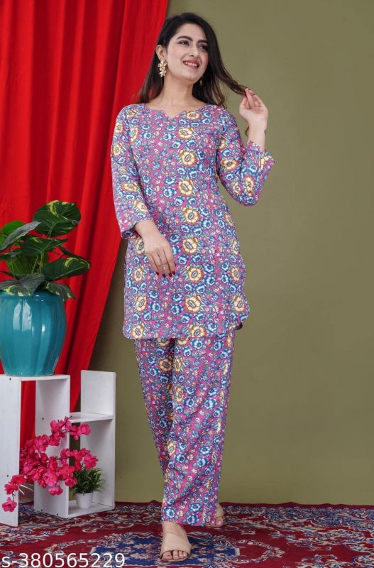 Purple Rayon Floral Printed Kurta Pants 2 Pc Co-ord Set