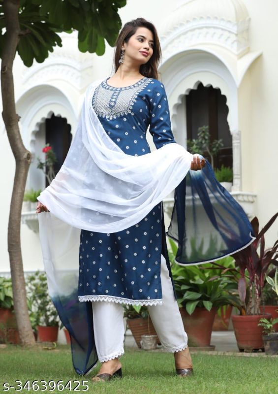 Rayon Neck Embroidery Navy Blue Kurta Pants Dupatta Set