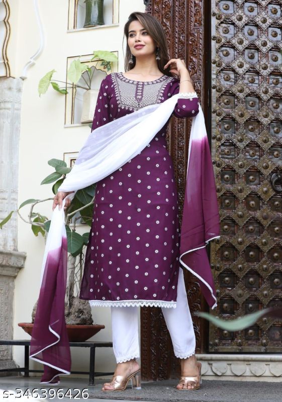 Rayon Neck Embroidery Purple Kurta Pants Dupatta Set