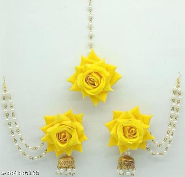 Rose flower jhumka with eair chain and mangtika for haldi Mehandi and baby shower