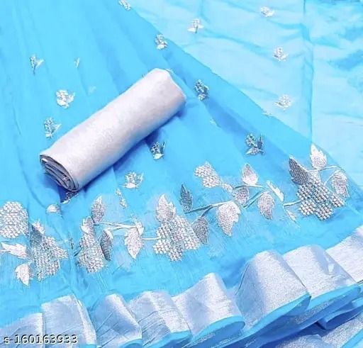 Sky Blue Traditional Bollywood Chanderi Floral Embroidered Saree With Solid Poly Silk Blouse Piece