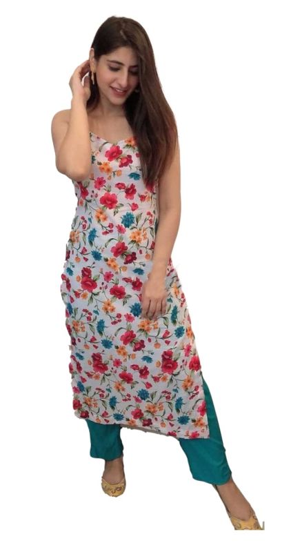 Sleeveless Floral Print Rayon Kurta Pants Set