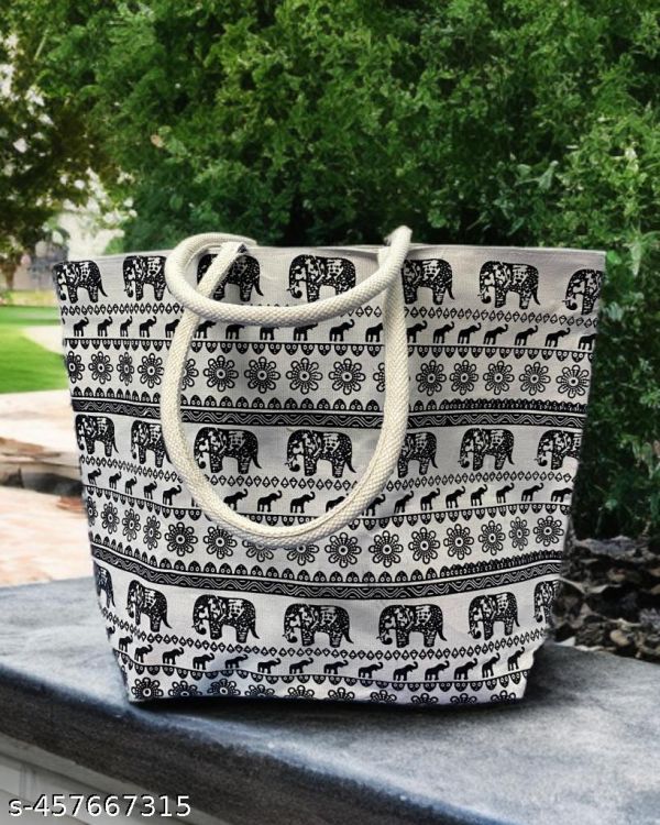 Stylish Black Elephant Print Canvas Tote Bag