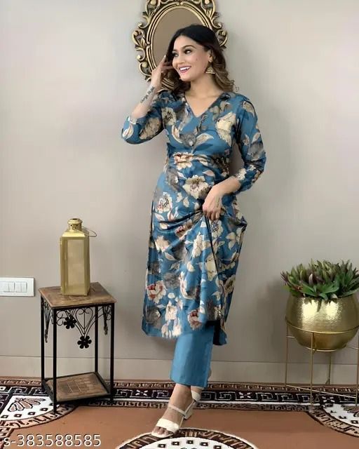 Teal Cotton Blend Floral Printed Kurta Pants Dupatta 2 Pc Set