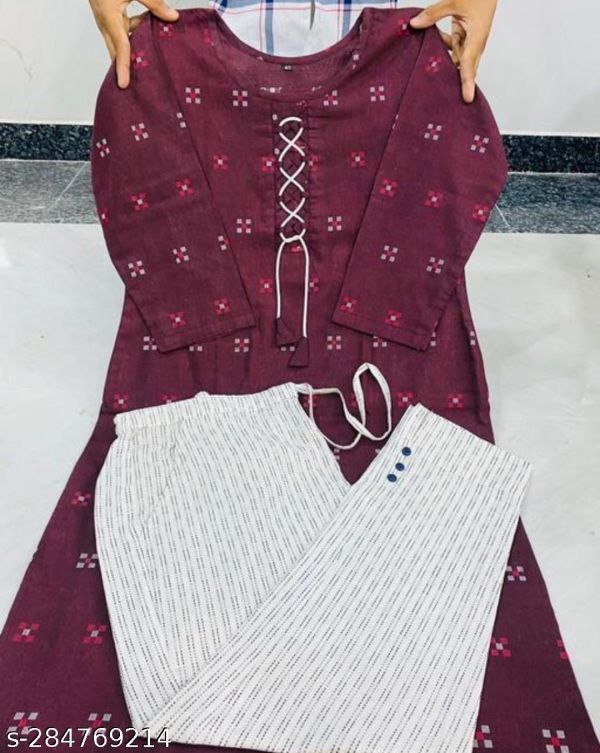 Trendy Beet Women Drawstring Cotton Kurti Pants Set