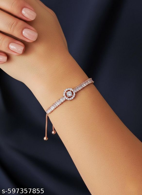Trendy Rose Gold Bracelet With Ad Stones Designer Rose Gold Plated Bracelet For Women Fancy Stylish Rose Gold Plated Bracelet Elegant Rose Gold Plated Adjustable Bracelet
