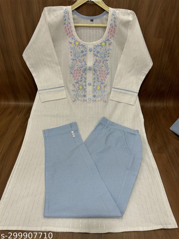 Trendy White Women Embroidery Cotton Kurti Pants Set