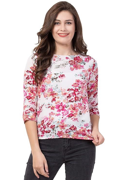 White Pink Floral Printed Crepe Light Weight Top