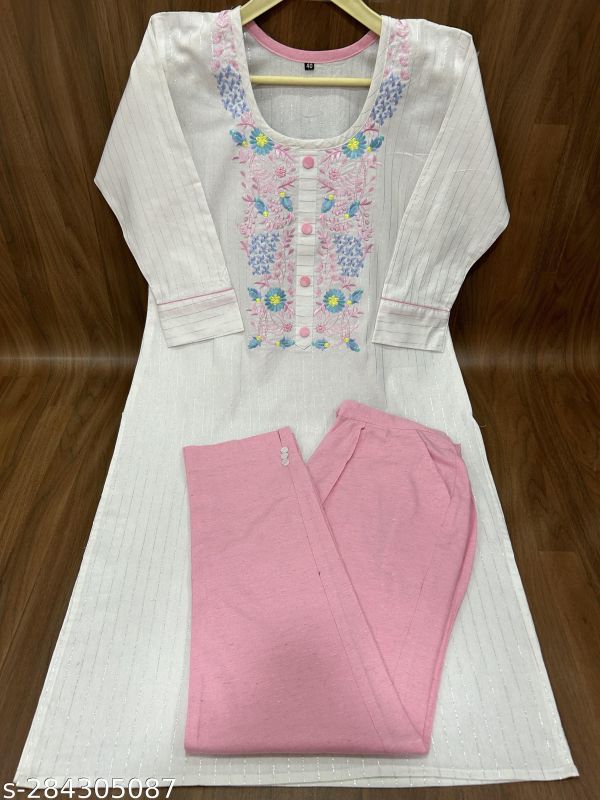 White Women Embroidery Cotton Kurti Pant Set