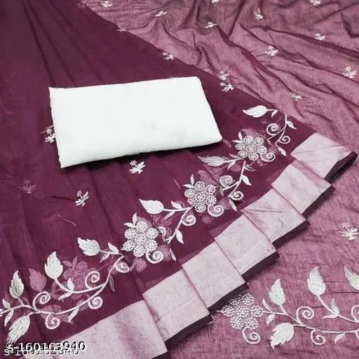 Wine Traditional Bollywood Chanderi Floral Embroidered Saree With Solid Poly Silk Blouse Piece