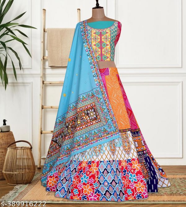 Womens Printed Lahenga Choli Chaniya Choli Digital Prited Lahenga Choli With Dupatta For Womens And Girls Traditional Wear Patola Foil Printed Dola Silk Semi Stitched Chaniya Choli With Dupatta