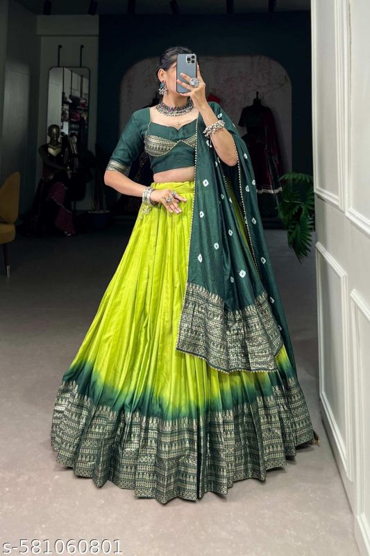 Womens Trending Designeer Tussar Silk With Foiil Print And Bandhani Print Lehenga Choli