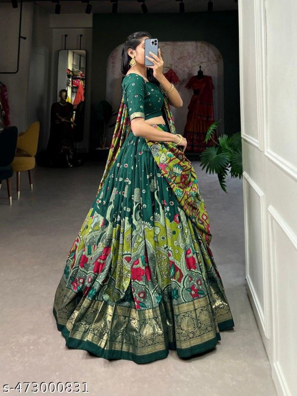 Womens Tussar Silk Fabric With Bandhni Patola Print And Foil Work Lehenga Choli For Womens And Girls
