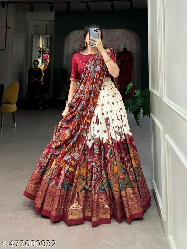 Womens Tussar Silk Fabric With Bandhni Patola Print And Foil Work Lehenga Choli For Womens And Girls