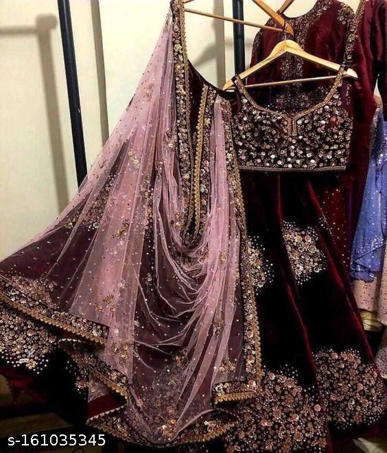 Womens Viscose Velvet Embroidered Bollywood Lehenga Choli With Blouse Piece