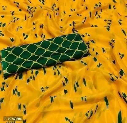 Yellow Crepe Silk Printed Saree with Printed Blouse Piece